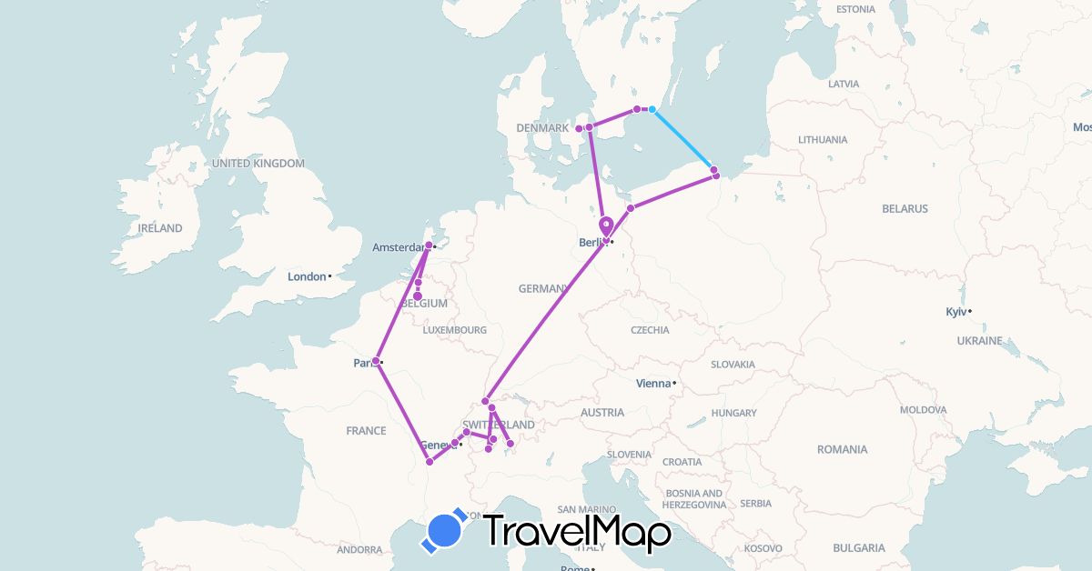 TravelMap itinerary: bus, train, boat in Belgium, Switzerland, Germany, Denmark, France, Netherlands, Poland, Sweden (Europe)